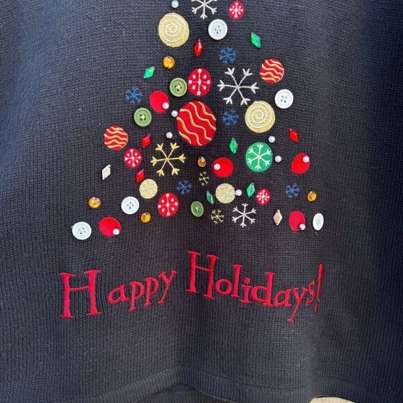 Vintage Black Long Sleeve Christmas Button Tree Design Happy Holidays Sweater - Picture 2 of 6